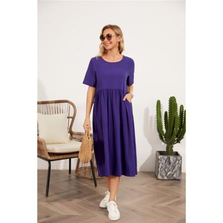Sommar Bomull Linne Kvinnor Lång Klänning Casual Pocket O-neck Elega