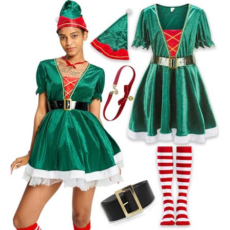 Julekostyme for kvinner, Santa Elf-kjole, rollespill, festgave, voksen fancy dress-antrekk med hatt, belte, strømpe og halskjede, S-XL Green XL