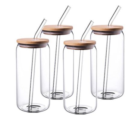 Drikkeglas med glasstrå 4 stk. sæt - 473 ml krukkeformede glas, ølglas, iskaffeglas, sød tumbler kop