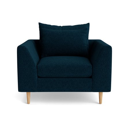 Ofelia Sessel in Boston Blau, moderner Polstersessel für das Wohnzimmer, hoher Sitzkomfort, elegantes Design, Breite 85cm, zeitloser Stil.