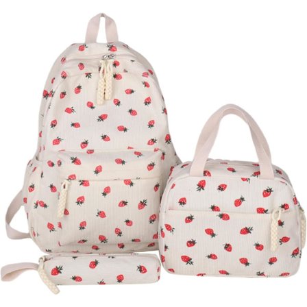 Skolerygsæk til piger - Yndig jordbærmanchester 3-i-1 skoletaske med fleece madkasse & penalhus til alderen 8-10