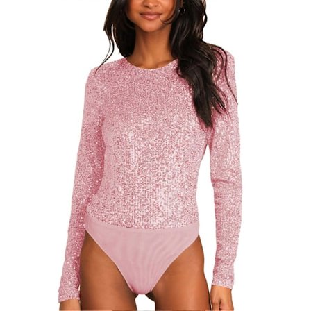 Dame Rund Hals Paljett Jumpsuit Ryggløs Ensfarget Langermet Body Mote Jumpsuit Rosa L