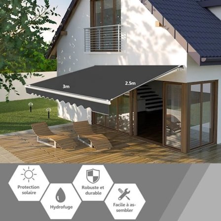 COSTWAY Butik Balkon Markise Sammenklappelig 3 X 2,5M med UV- og Vandafvisende Stof Aluminiumramme Justerbar Vinkel 5-35° Grå