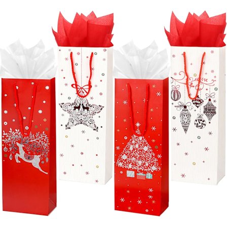 12-pak Julvinpose Gavepose til Vinflaske med Silkepapir til Jul Vinter Feriefesttilbehør (Rød og Hvid)