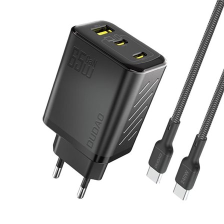 Dudao 65W GaN vægoplader med USB-C-, USB-A- og USB-C-kabel - Sort