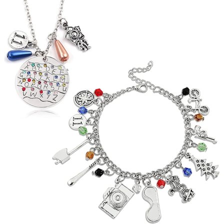 Zhuoxing 2-delt Stranger Things Charm Armbånd Halskæde og Nøgleringssæt Bedste Ting Til Børn Piger Teenagere Kvinder Mænd Til Samling Halloween 