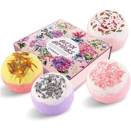 Badbomber, 4-pack presentset med överraskning inuti, naturliga eteriska oljor, perfekt för att återfukta huden & bubbelbad & bubblande spa, 