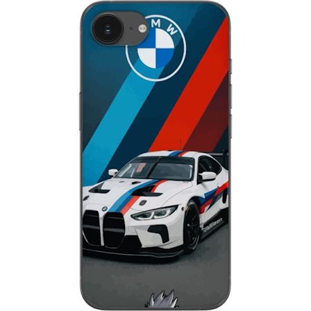 Kompatibel Mobilcover til Apple Apple iPhone 16e BMW M Sport design med hvid racerbil og klassiske M-striber eksklusivt biltema perfekt til motorsport
