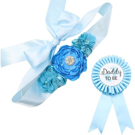 Blå mamma-sash och pappa-till-vara-korsage-set - Baby shower-sash Baby shower-blommigt magbälte