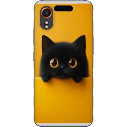 Kompatibelt Mobilskal till Samsung Samsung Galaxy Xcover7 Svart katt sticker upp över gul kant - ren och modern illustration med stora ögon, lekfull
