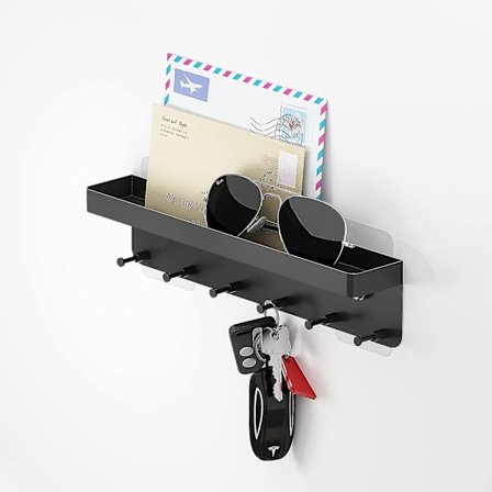 Svart nyckelhållare i metall med hylla och 6 nyckelkrokar, självhäftande nyckel