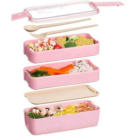 Japansk Bento Madkasse, Genanvendelig 3-i-1 Ruminddeling, Bento Madkasser med Gaffel, Ske
