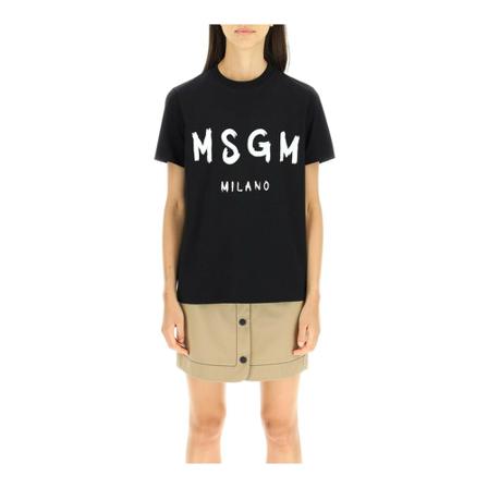 Msgm, T-shirt With Brushed Logo Zwart, Dames, Maat:XS,Cotton,print