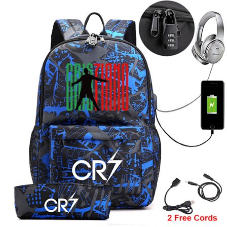 Rygsæk, Cr7 Studenterrygsæk med USB-ladeport, lås og penalhus, sæt med 2 (Style 8)