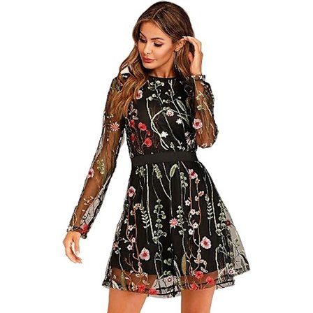 Kvinde Floral Broderi Mesh Rund Hals Tunika Festkjole XL