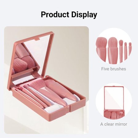 Profesjonelt sminkebørstesett 5-pakning reisevennlig med speil for damer i lotusrosa farge, inkludert foundation, øyenskygge og blending børster