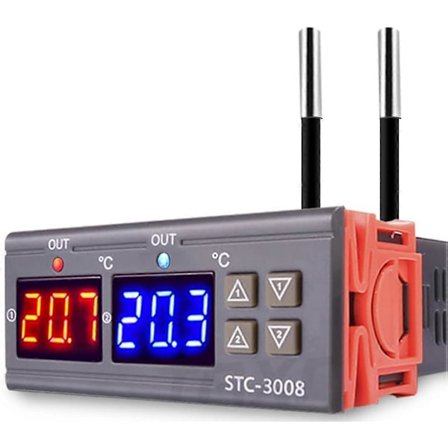 STC-3008 AC 110V-220V Temperaturtermostatstyring, Digital Temperaturstyring med Dobbelt Display og Dobbelt NTC-Sonde, Oppvarming og Kjøling