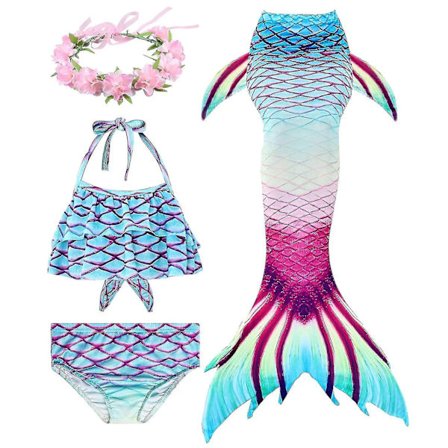 Kids Girls Mermaid Tail Bikini Set Swimwear Swimsuit Swimming Costume Included Garland Headband