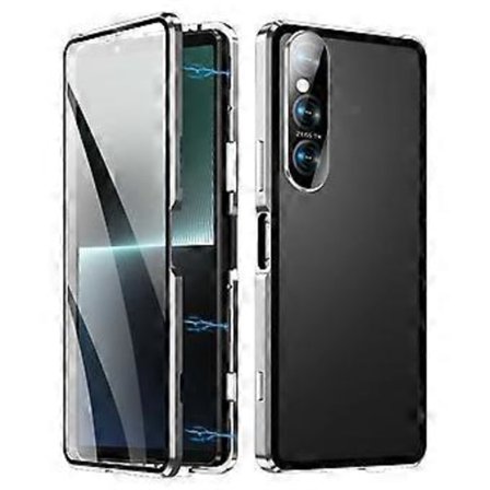 Yhteensopiva Sony Xperia 1 V magneettikiinnitteinen kotelo metallikehys + karkaistu lasi + PC-takakansi kirkas puhelinkuori (hopea)