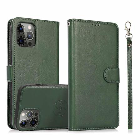 For iPhone 15 PU Læder Pung Telefon Etui Stativ 2-i-1 Aftagelig Magnetisk Cover med Rem Green