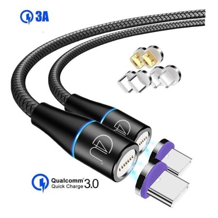 IC 2-pakkia 2m 3-in-1 magneettista latauskaapelia nopea lataus 3A SuperCharge Musta