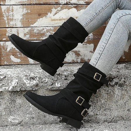 Naisten syksyn ja talven lyhyet saappaat naisille, puolipohkeenkorkuiset matalakorkoiset solkisaappaat