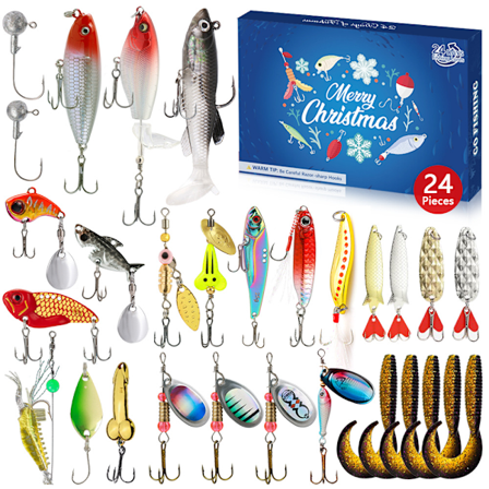 Fiske Adventskalender - Fiskebete Set, Fiskeudstyr til Voksne Mænd Drenge, Fisketilbehør (24 stk)