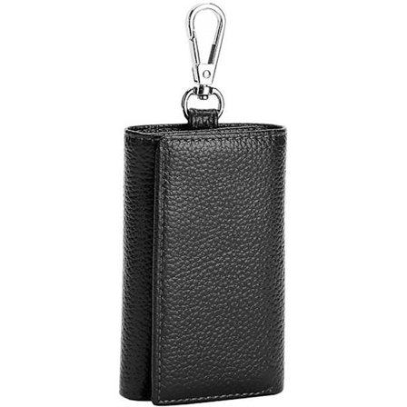 Unisex Kompakt Lær Nøkkelveske Lommebok Nøkkelring Nøkkelholder med 6 Hengende Spennekroker Snap Lock, Svart