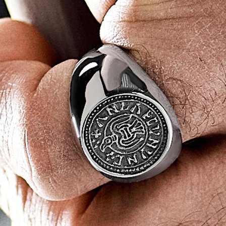 Aras | Silver-tone Stainless Steel Raven Penny Pinky Signet Ring for Men - Signet rings