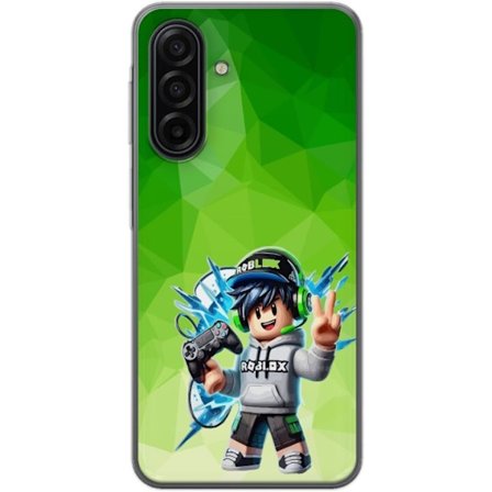 Kompatibelt Mobildeksel til Samsung Galaxy A17 5G Roblox-inspirert gamerfigur med headset, håndkontroll og energiske effekter mot grønn bakgrunn