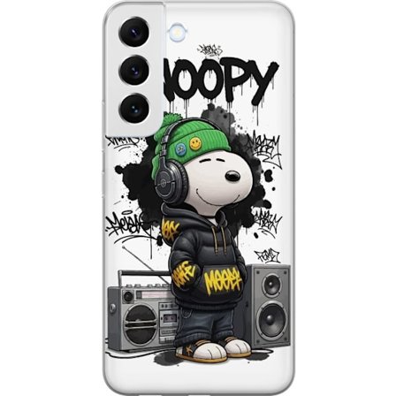Kompatibelt Mobildeksel til Samsung Samsung Galaxy S22 5G Snoopy i gateklær med hodetelefoner, graffiti-stil og et stort smil mens han står ved side