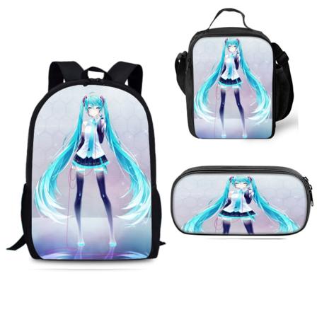 Future Singer Miku Skolesekk Reiseryggsekk Matpose Blyantveskesett for Kids Students 6 3Pcs Set