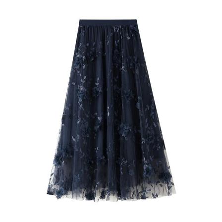 Langt tyll tutu-skjørt for kvinner 3d-blomsterbroderi ensfarget Midi-svingskjørt i mesh med høy midje Navy