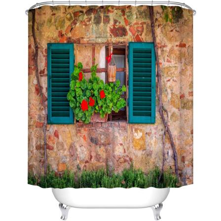 Kukkakuvioinen polyesterisuihkuverho koukuilla -