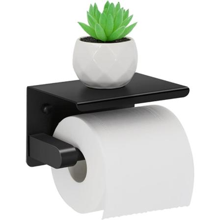 WC-paperitelinepidike ylähyllyllä - Ruostumaton teräs, porattava ja itseliimautuva pidike - Musta seinäkiinnitys rullalle kylpyhuoneeseen (FMY)
