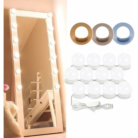 Speilbelysning, 12 Hollywood-pærer dimbar LED-lyssettlampe for baderom kosmetisk speil 3 farger 10 lysstyrkenivåer med adapter (speil ikke inkludert)