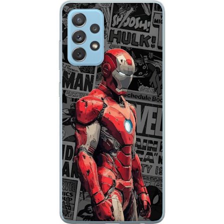 Yhteensopiva Puhelinkuori Samsung Galaxy A52 5G Iron Man sankaritaiteessa sarjakuvatyyliin, punainen metallipanssari harmaata taustaa vasten, voimakas