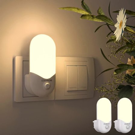 Natlampe til stikkontakt, 2-pak Sensor LED-lampe, Automatisk lysstyrke dæmpbar, Varm hvid natlampe til hall, trapper, soveværelse og mere