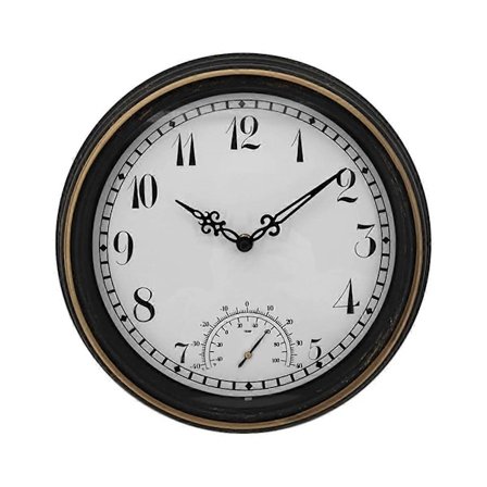 Ulkokäyttöön tarkoitettu vedenpitävä seinäkello lämpömittarilla IP44 Vintage pyöreä puutarhakello 12 tuuman ulkokello