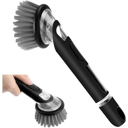 Sort opvaskebørste med flydende sæbebeholder, køkkenbørste til rengøring af gryder, pander og vaske, køkkenbørste med håndtag