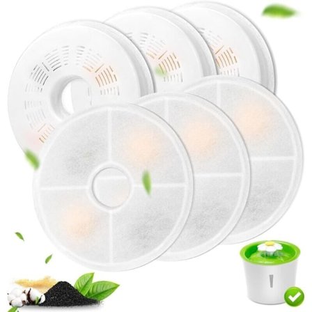 6-pak Erstatningsfiltre til Kattefontæner, 3L Aktivt Kulfilter og Ionbytterharpiks, Kompatibel med 3L Blomster Kattefontæner