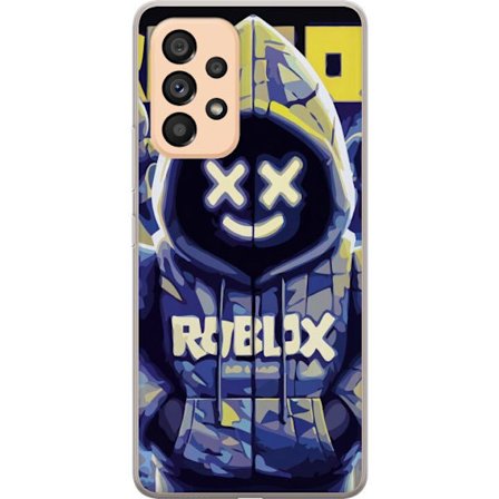 Kompatibelt Mobildeksel til Samsung Samsung Galaxy A53 5G Blågul Roblox hettegenserfigur med minimalistisk neonstil og masket ansikt, moderne spillil