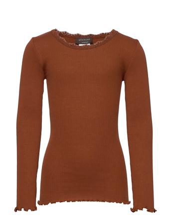Silk T-Shirt W/ Lace Langærmet T-shirt Brun Rosemunde Kids