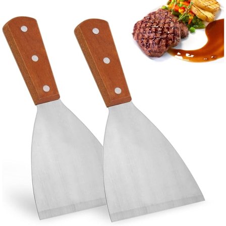 2 stk. stegeskraber i rustfrit stål, spatel til støbejern, træhåndtag, skrå kant, grillskrabere til madlavning/madlavning/rengøring, ideel