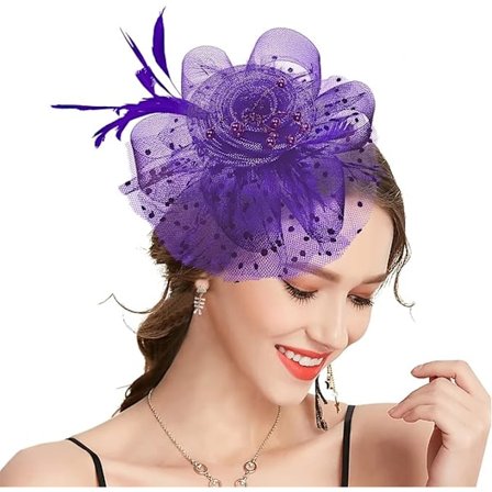 Mauve - Hatt med blomst og nettband, fjærhårbånd og teklemmer, for jenter og kvinner.