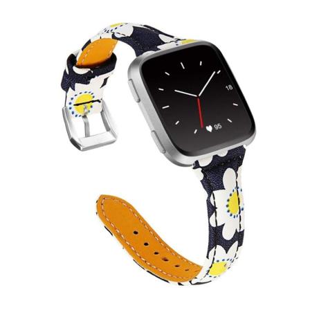 Fitbit Versa Lite blomster mønster ægte læder Urrem - Hvid Tusindfryd Multicolor