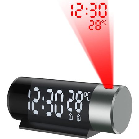 Projektionsvækkeur, digitalt ur med 180° roterbar projektor, projektionsvækkeur med loftprojektion, dobbelt vækkeur, 12/24 timer