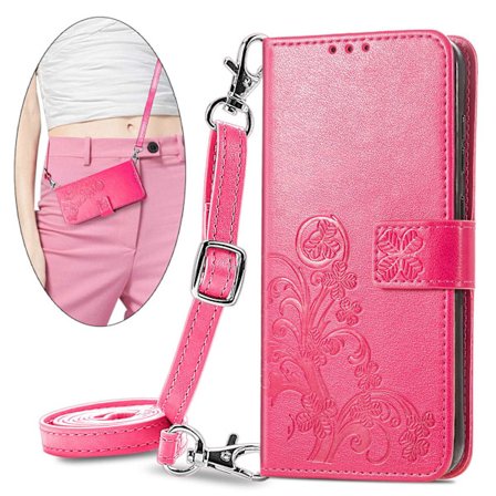 Etui til iPhone 16 Plus rød preget skinn firkløver glidelås crossbody midje lang snor