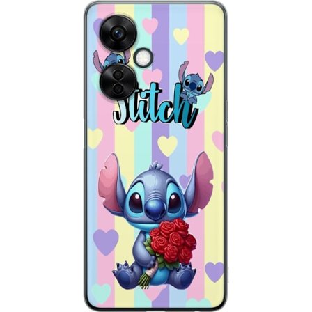 Kompatibel Mobilcover til OnePlus Nord CE3 Romantisk illustration af Stitch der holder røde roser mod stribet baggrund