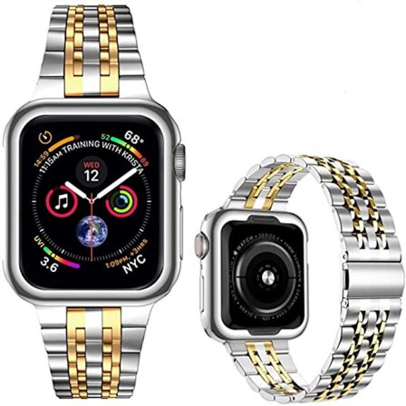 Kompatibel med Apple Watch-armband 38 mm 40 mm 41 mm, massivt rostfritt stålmetallband för iWatch-serien, silver/guld